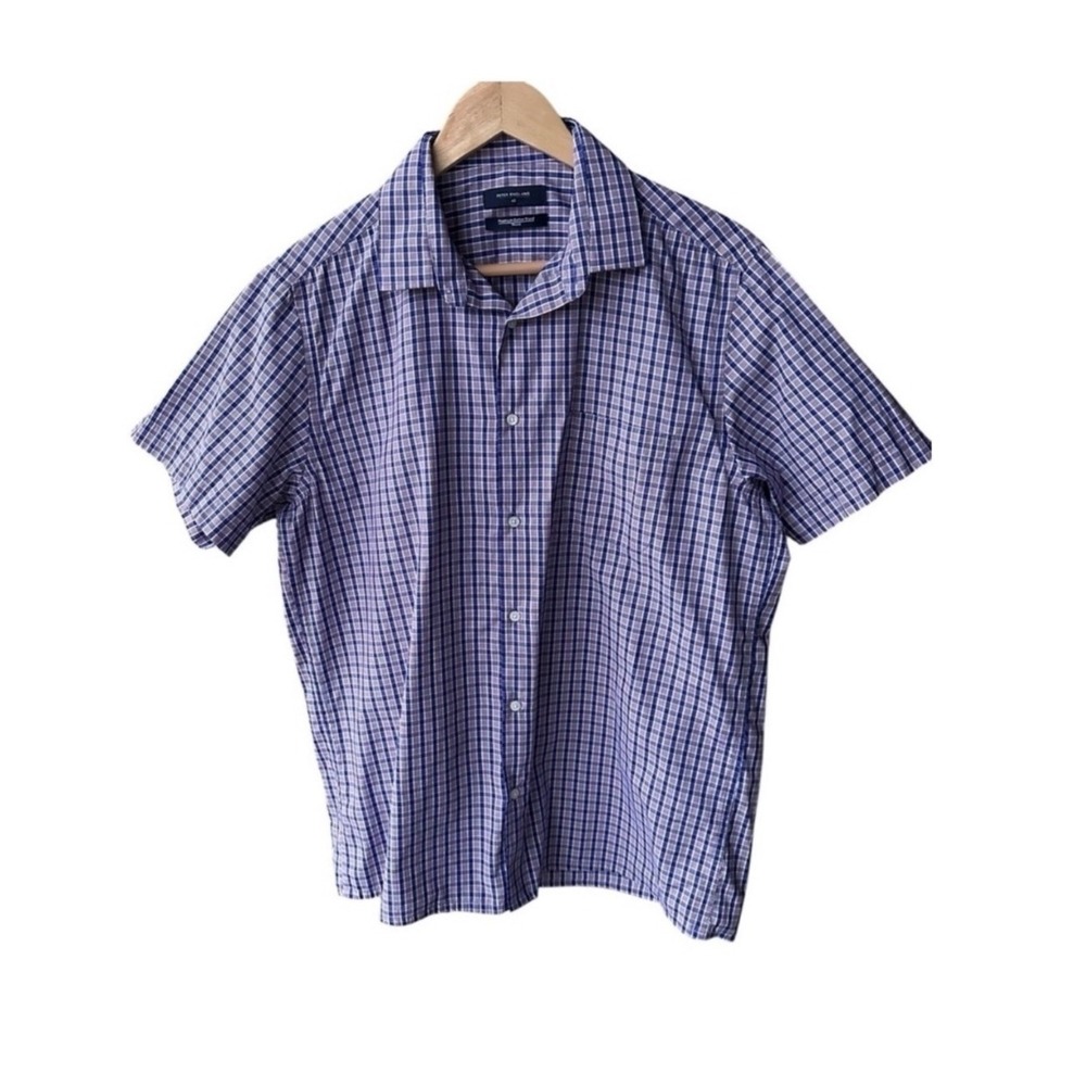 Peter England Shirt Short Sleeve Top Plaid Button Down Blue Nuvo Size 42 Large